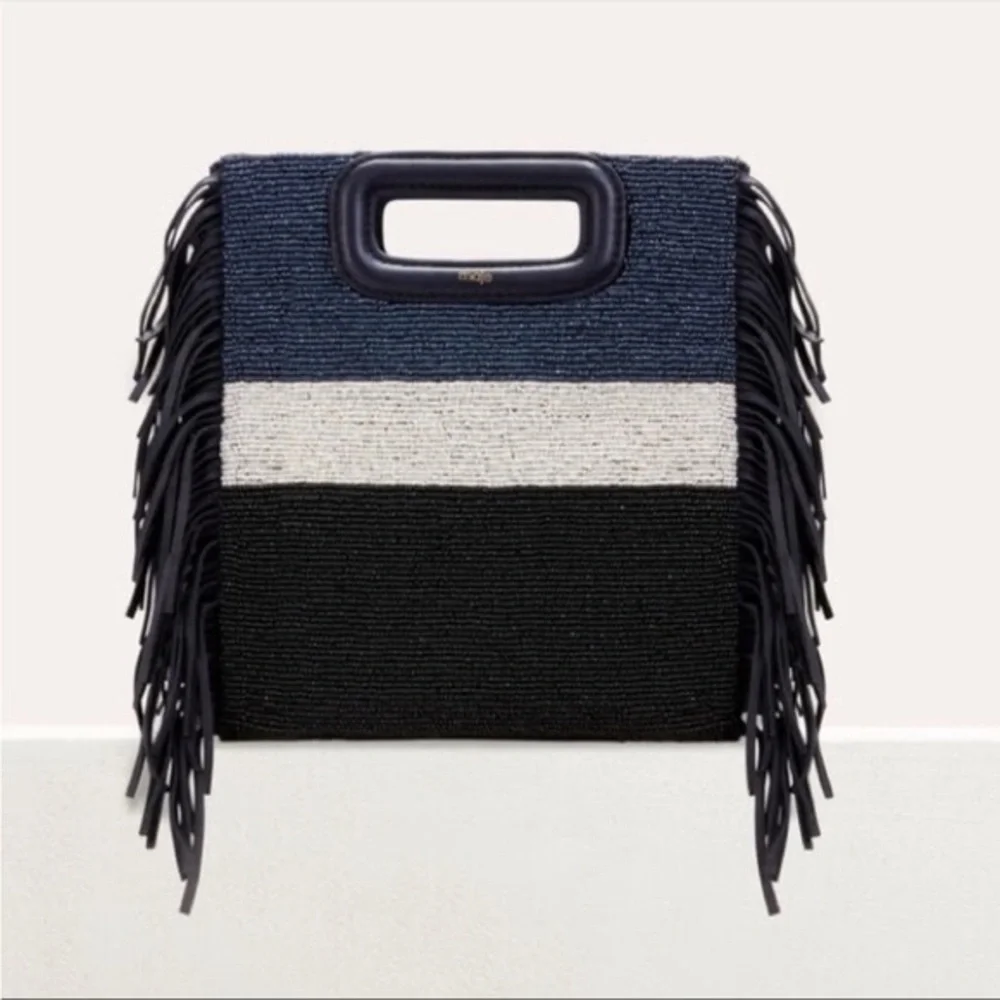 Maje Black, Blue, and White Beaded Leather Fringe Clutch Bag